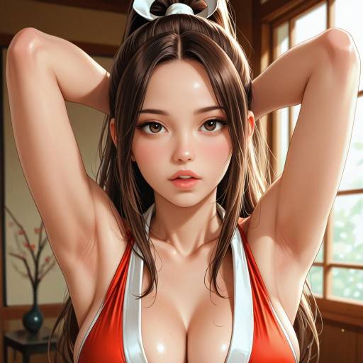 Young Woman with Updo Hair in Red Outfit