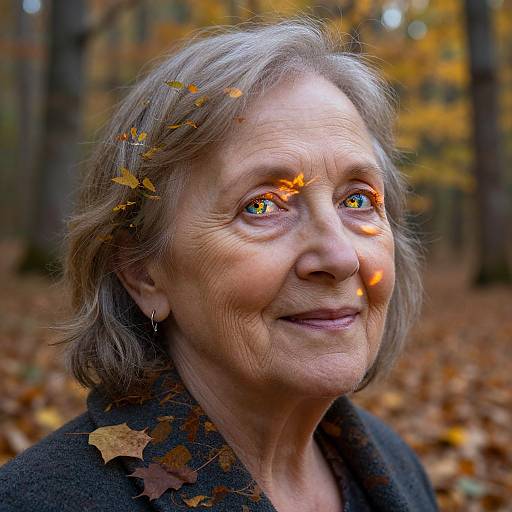 Photograph of smiling elderly woman with grey hair, blue eyes, and autumn leaves on her face and shoulders in a forest.