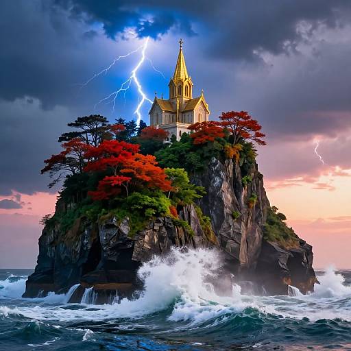 Photograph-like digital art of a golden church on a rocky cliff with vibrant red and green trees, lightning, and crashing waves.