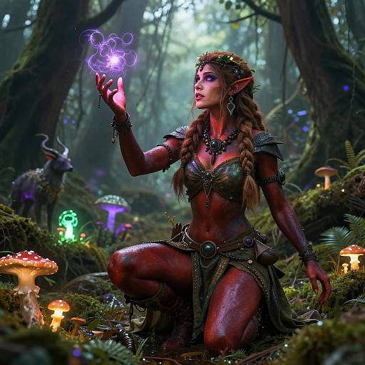 Enchanting Tiefling Druid in Misty Swamp