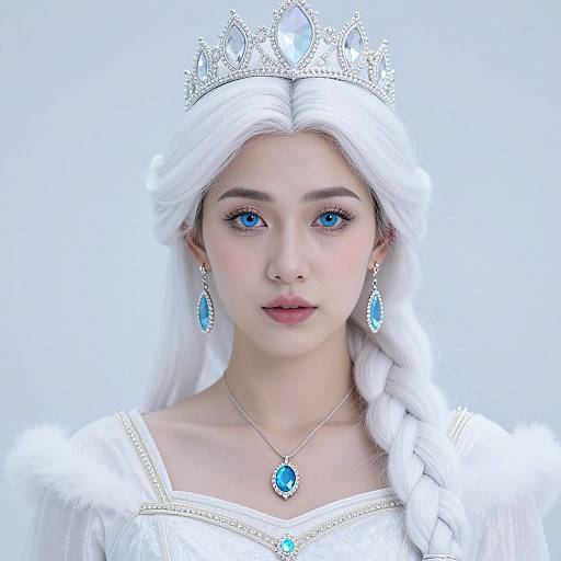 Digital portrait of a young, fair-skinned woman with long white hair, blue eyes, wearing a silver crown, blue teardrop earrings, and