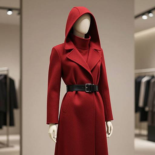 Photograph of a headless mannequin wearing a vivid red, long-sleeved hooded coat with a black belt, displayed in a modern