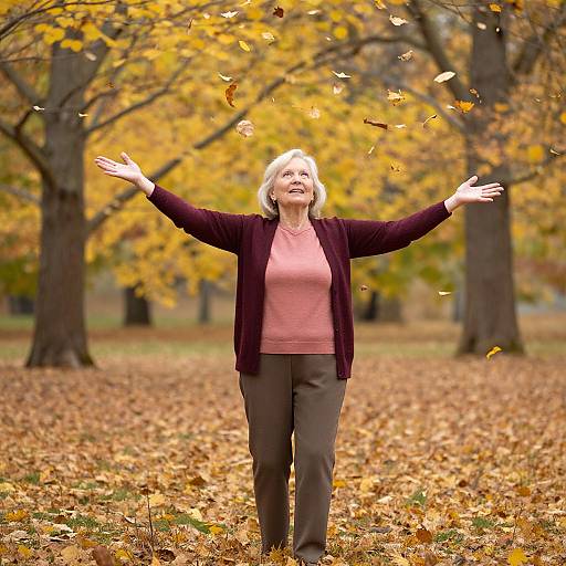 Photograph of an elderly woman with short white hair, smiling, arms outstretched, standing in an autumn park with yellow leaves. She wears a