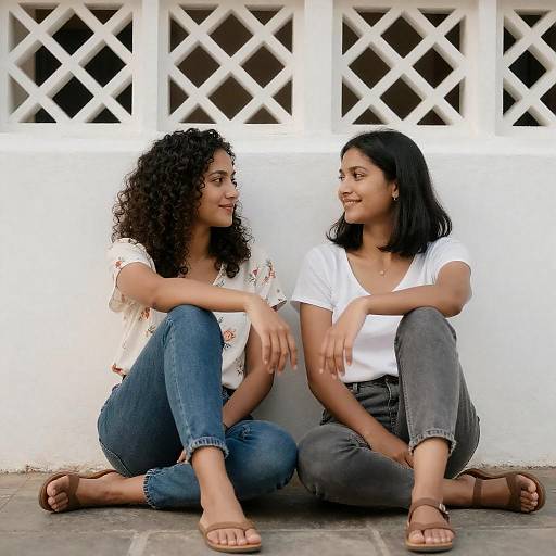Two Women Sitting Against White Lattice Wall