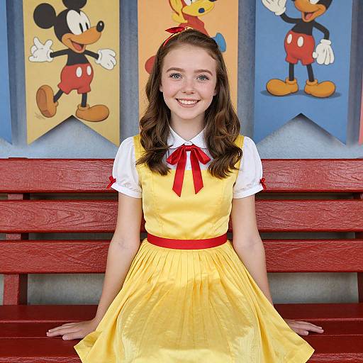 Photograph of a smiling young girl with wavy brown hair, wearing a yellow dress with red ribbon, white blouse, and red bow, sitting on