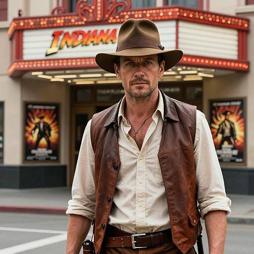 Photograph of a rugged, bearded man in a brown hat and vest, standing in front of a marquee-lit theater with 