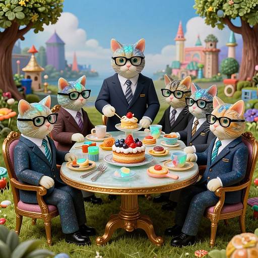 Digital illustration of five anthropomorphic cats in suits with glasses, having tea and cake around a round table in a whimsical garden with colorful castle backdrop.