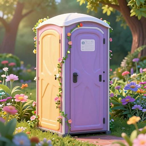 Digital art of a pastel purple flower-adorned restroom in a sunny, vibrant garden with blooming flowers and lush greenery.