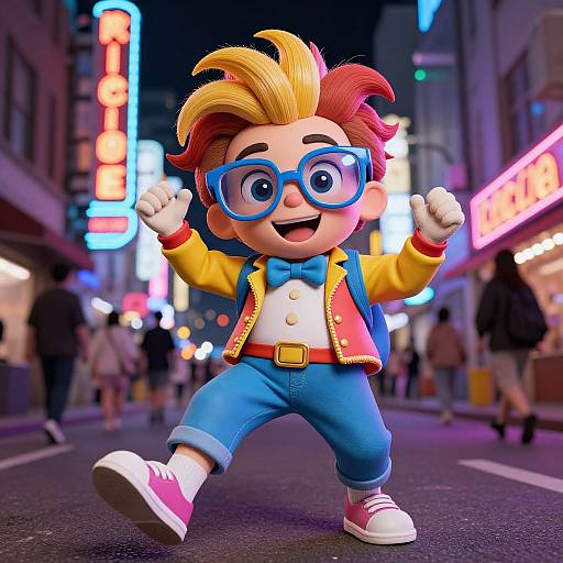 CGI cartoon boy with colorful hair, blue glasses, yellow jacket, blue pants, and pink shoes, dancing joyfully on a neon-lit city