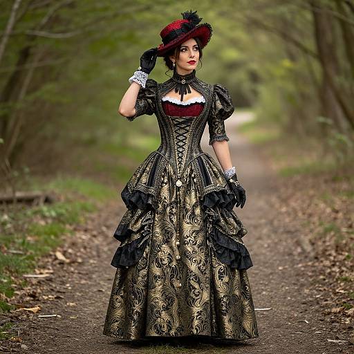 Photograph of a Victorian-era woman in an ornate black and gold patterned dress, black lace gloves, red and black hat, standing on a