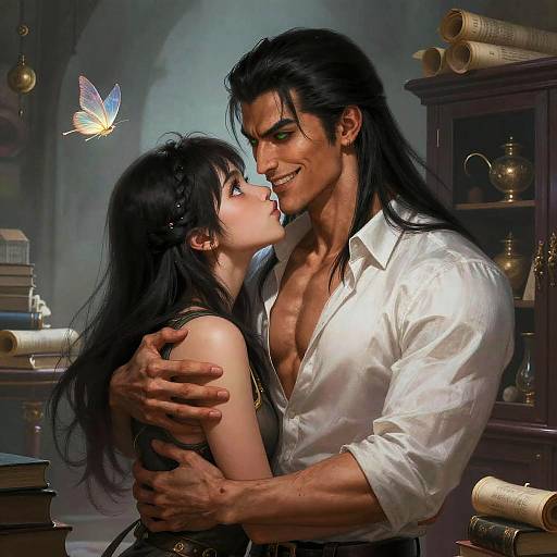Digital artwork of a muscular, black-haired man in an unbuttoned white shirt, intimately embracing a black-haired woman with bug-eyed gaze, surrounded by