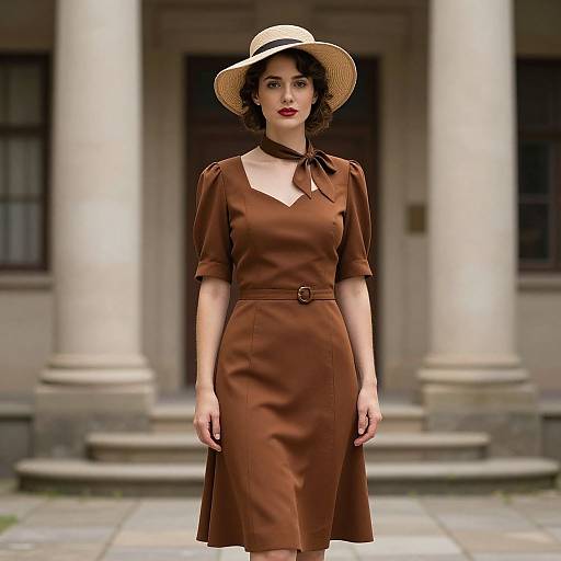 Photograph of a pale-skinned woman with dark curly hair, wearing a brown dress, black ribbon choker, and straw hat, standing in front