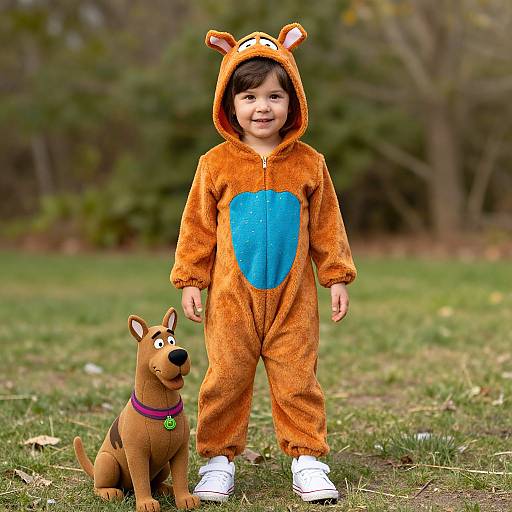 Photograph of a young boy in an orange Scooby-Doo costume with blue chest, standing outdoors on grass, next to a brown Scooby-D
