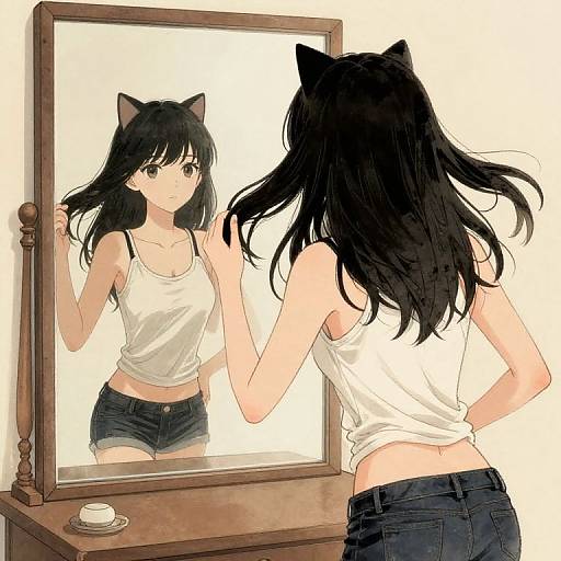 Anime-style digital drawing of a black-haired girl with cat ears, wearing a white tank top and denim shorts, gazing at her reflection in a wooden