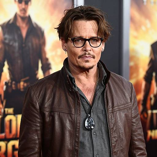 Photograph of Tom Cruise at a movie premiere, wearing a black shirt, brown leather jacket, black necklace, and glasses, with a slightly messy hairstyle