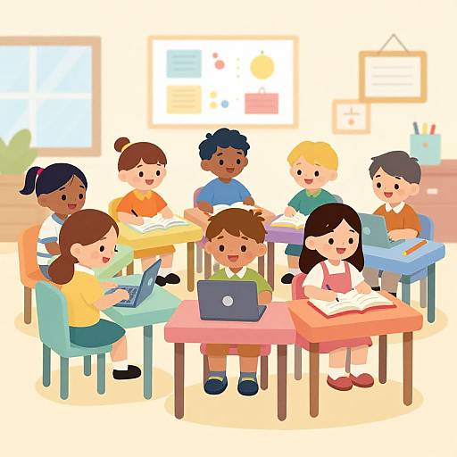 Digital illustration of diverse children in a classroom, seated at desks, engaged with laptops and books, with a bright, colorful background.