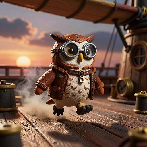 CGI image of a cute, anthropomorphic owl in a brown leather jacket and goggles, standing on a wooden ship deck at sunset.
