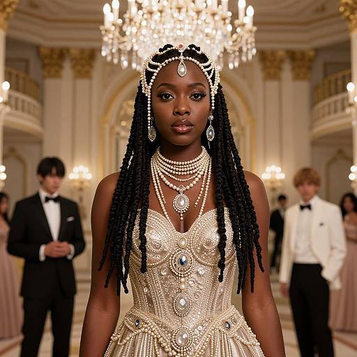 Photograph of a Black woman with long braids, wearing an ornate, beaded, gold gown, and intricate jewelry, standing in an op