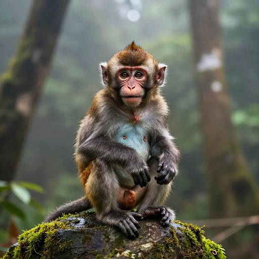 Smiling Baby Monkey on Mossy Rock