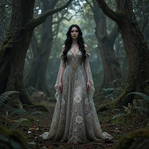 Photograph: Pale, dark-haired woman with long curls in an ornate, floral-patterned, Victorian-style gown stands in a misty, dark
