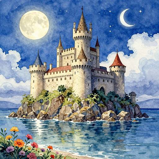 Watercolor Night Scene of Ancient Castle