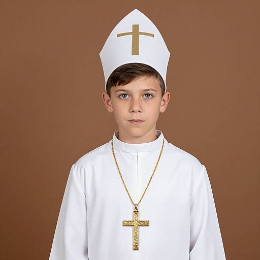 Photograph of a young boy with fair skin, blue eyes, and brown hair, wearing a white Catholic priest's outfit and hat, with a gold