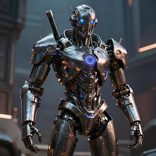Photorealistic CGI of a futuristic, silver robotic warrior with glowing blue eyes and chest, standing in a dimly lit urban environment.