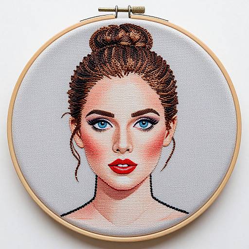 Photorealistic cross-stitched portrait of a woman with blue eyes, red lipstick, and brown hair in a bun, inside a wooden embroidery hoop.