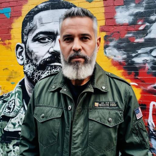 Man with gray beard in military jacket against graffiti wall