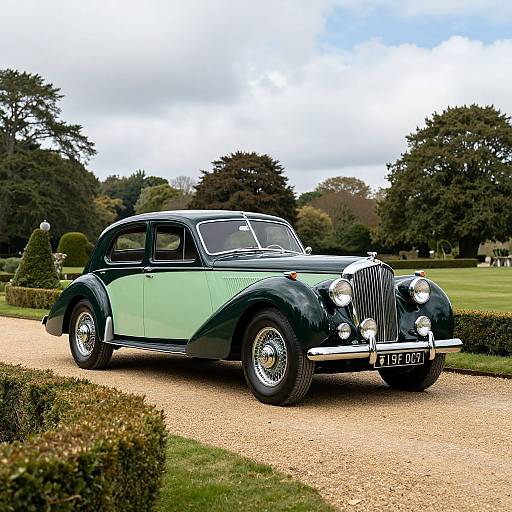 Photograph of a mint green and black vintage 1930s car with chrome accents, parked on a gravel driveway in a lush, manicured garden