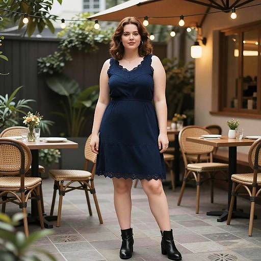 Chic Woman in Courtyard with Lace Dress