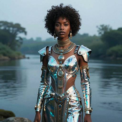 Sapphire Afrofuturist Techno-Tribal River Portrait