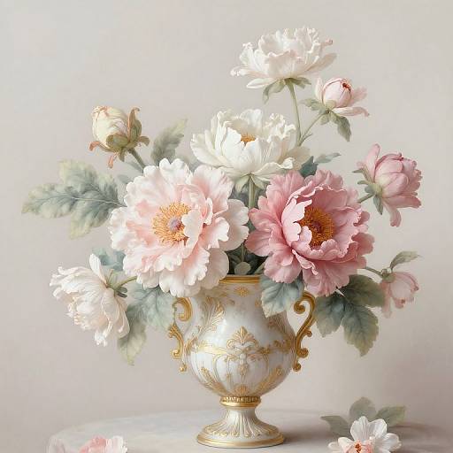 Photograph of a vintage, gold-accented vase with pink and white peonies, green leaves, and delicate floral details against a white background