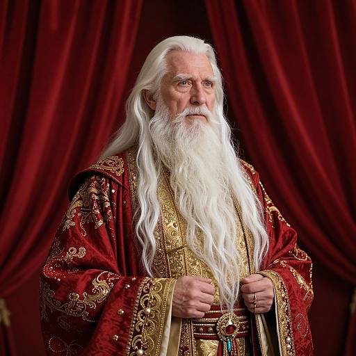 Photograph of an elderly Santa Claus with a long white beard and hair, wearing an ornate red and gold robe, against a rich red curtain backdrop