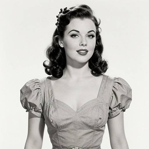 Black-and-white photograph of a 1950s-style woman with curled hair, wearing a puffed-sleeve, V-neck dress, and dark
