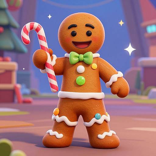CGI image of a cheerful gingerbread man with a green bowtie, holding a candy cane, decorated with white icing and colorful buttons, standing in