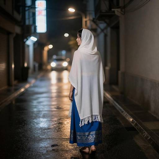 Woman in White Shawl on Neon Street