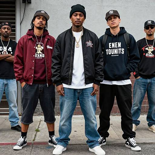 Photograph of five young men standing outdoors, wearing black and maroon clothing, baseball caps, and sneakers, with 