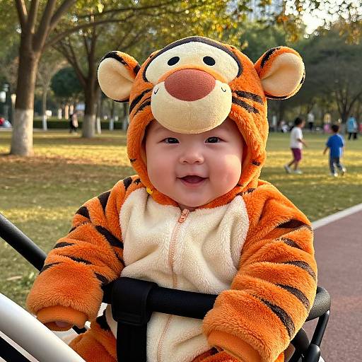 Photograph of a smiling baby in an orange tiger onesie with a cartoon tiger hood, sitting in a stroller in a park. Background shows trees
