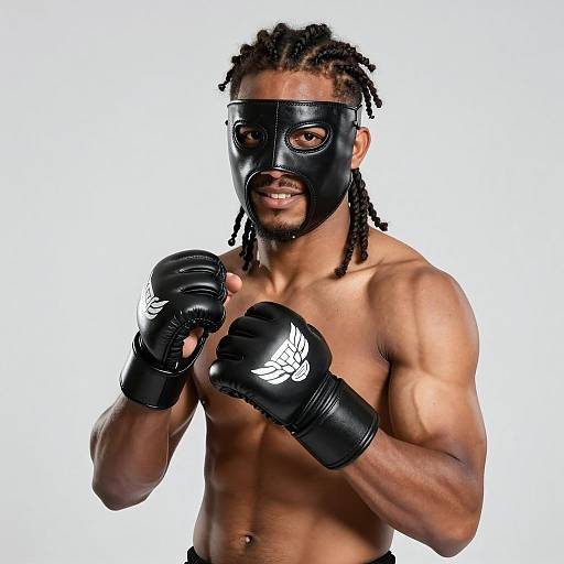 MMA Fighter in Black Leather Mask and Gloves