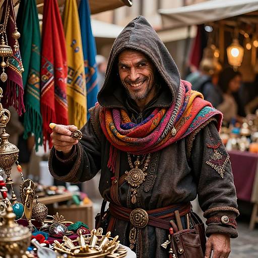 Photograph of a smiling, bearded man in a dark hooded robe and colorful scarf, pointing at vibrant, ornate jewelry at a bustling outdoor