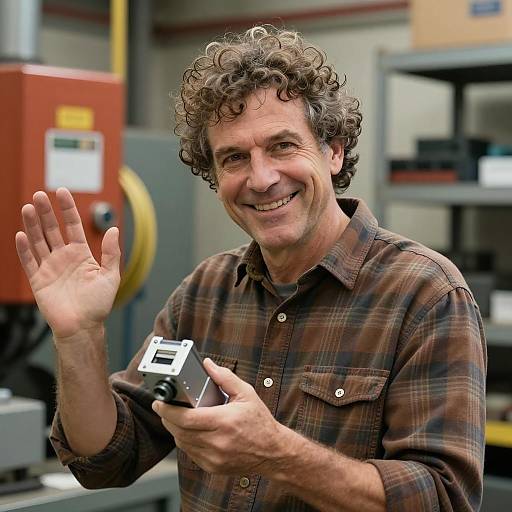 Middle-aged man holding industrial device waving