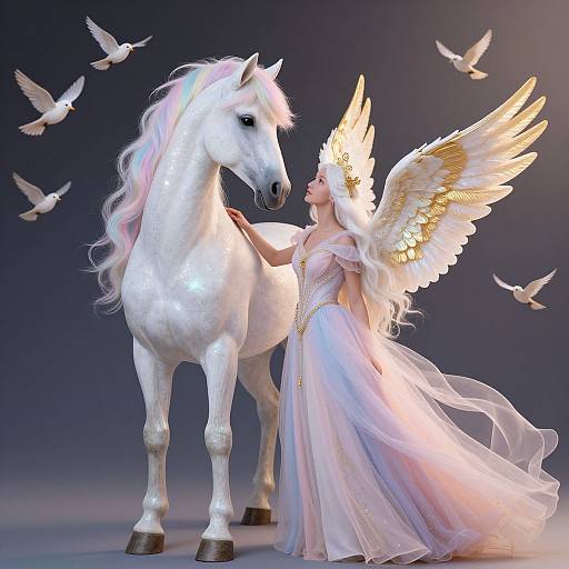 Digital artwork of a white-winged angel in a flowing pink gown, gently touching a majestic white unicorn, surrounded by flying doves.
