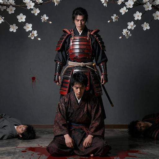 Samurai Stands Over Kneeling Man with Blood and White Flowers