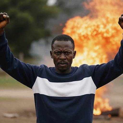 Defiant Man Against Explosive Background