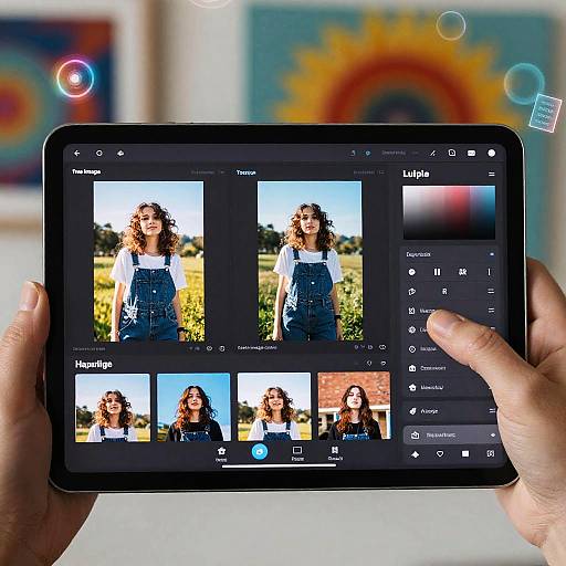 Photograph of a hand holding a tablet displaying a photo editing app with multiple images of a curly-haired woman in blue overalls against sunny field backgrounds.