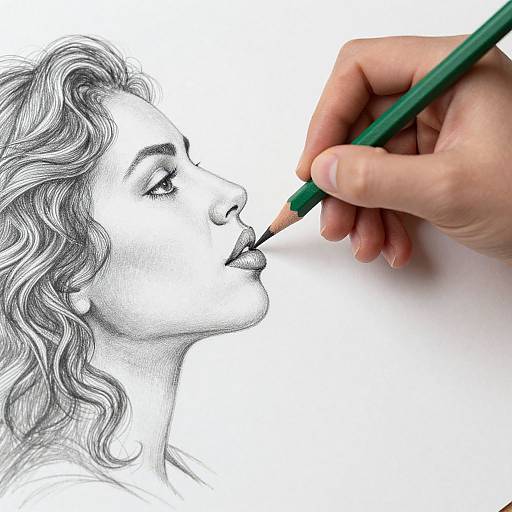 Detailed black and white pencil drawing of a wavy-haired woman's profile being shaded by a hand holding a green pencil.