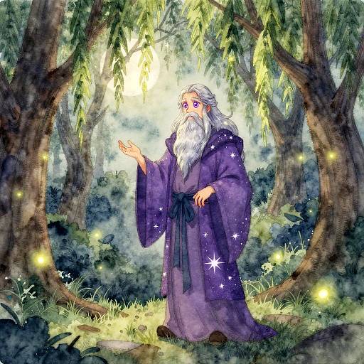 Digital art: Elder wizard with white beard, purple robe adorned with stars, stands in enchanted forest, casting spell amidst glowing fireflies.