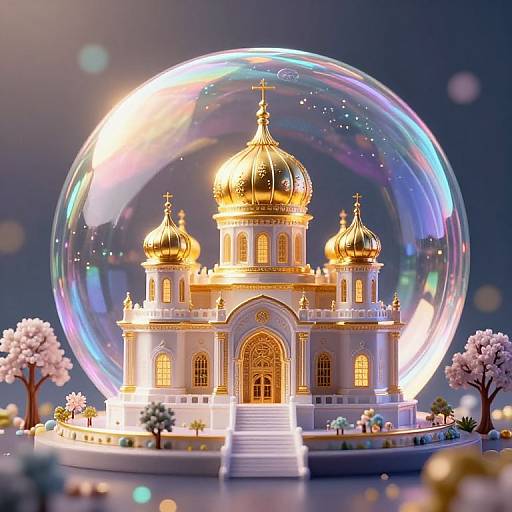 Photorealistic CGI of a golden-domed cathedral encased in a glowing, iridescent bubble, surrounded by cherry blossom trees and soft-focus bo