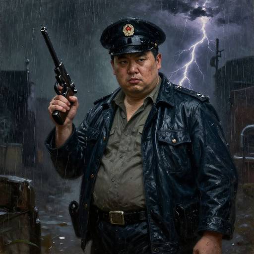 Photorealistic image of a chubby Asian police officer in a rainstorm, holding a gun, wearing a wet black leather jacket, and cap, with